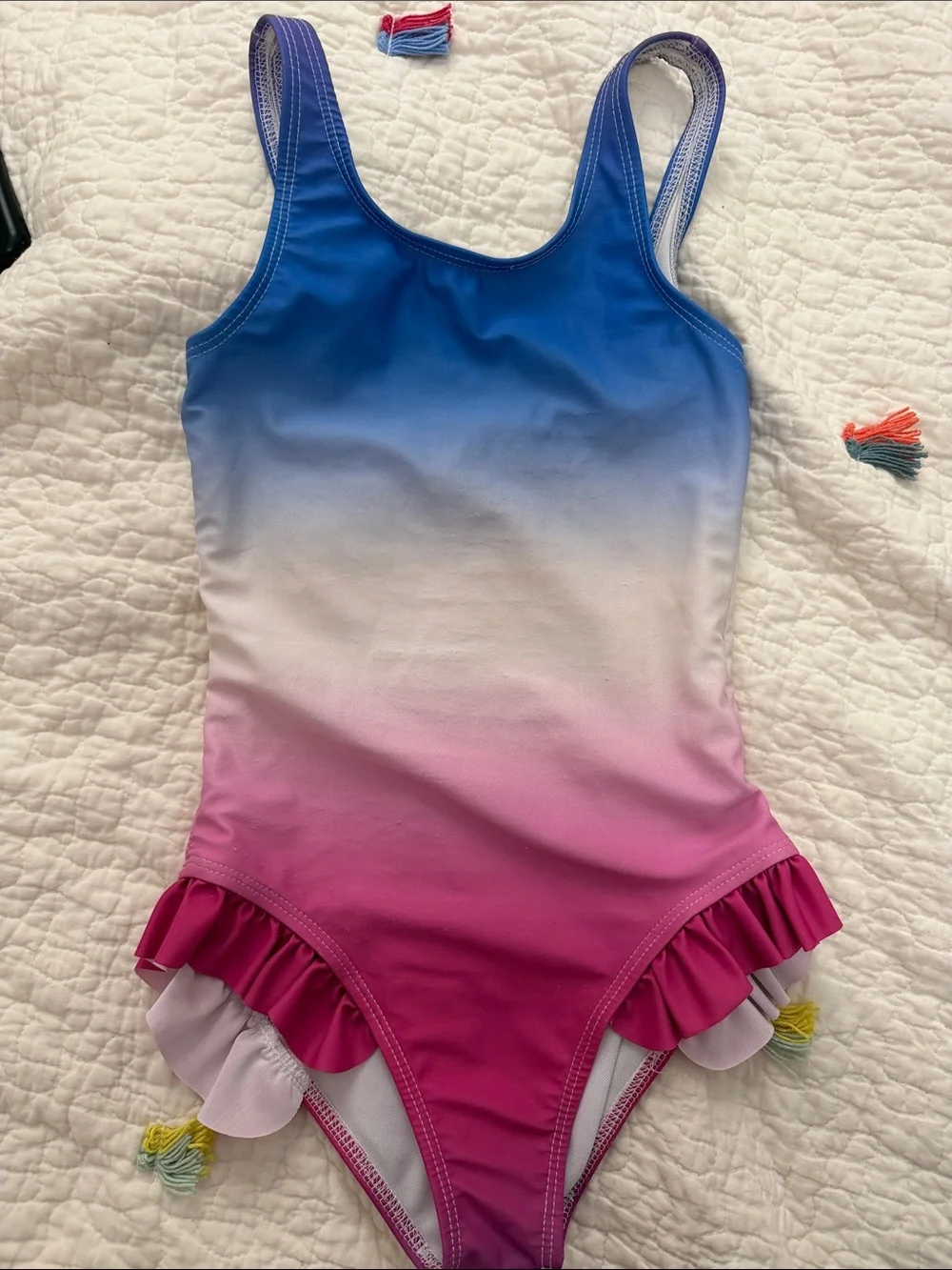 Girls Ombre Blue to Pink Ruffle One-Piece Swimsuit
